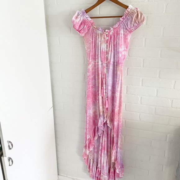 Anthropologie x Tiare Hawaii High low maxi dress Tie dye Ruffled Beachy Pink OS - Picture 1 of 12